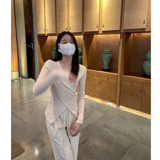 Porozi  Áo dệt kim tay dài cổ chữ v thiết kế vạt đan chéo form ôm phong cách Hàn Quốc