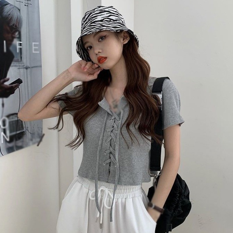 Áo Thun Croptop Dệt Kim Tay Ngắn Màu Sắc Đơn Giản Phong Cách Hàn Quốc Cho Nữ