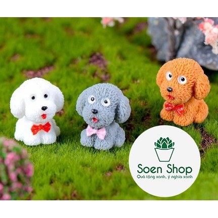 |FREESHIP| Chó đeo nơ Poodle - Phụ kiện trang trí cho cây xanh để bàn làm việc, mô hình trang trí cho bể cá, tiểu cảnh