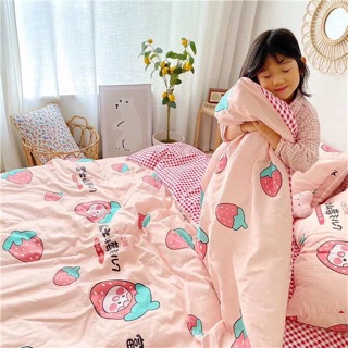 Bộ Drap & Chăn Phao Cotton Poly Dâu Nhật