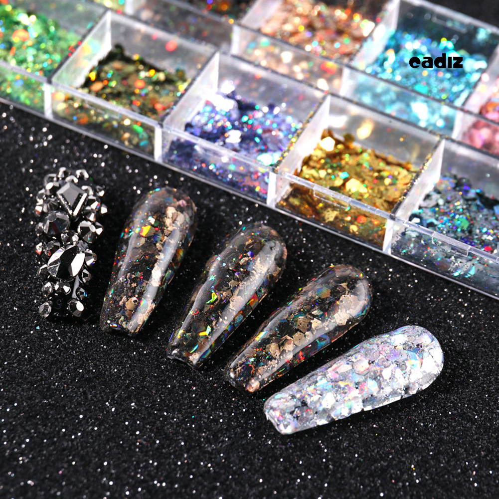 [Hàng mới về] Hộp Hạt Kim Tuyến Trang Trí Móng Tay Thiết Kế 12 Ngăn