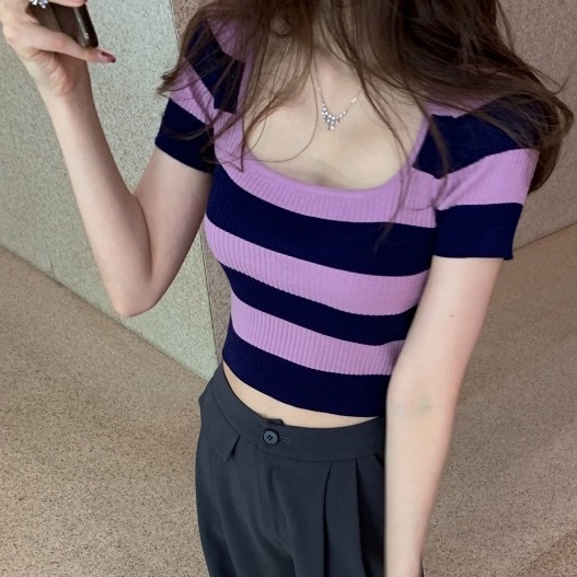 Áo croptop ZHELIHANGFEI dệt kim tay ngắn cổ vuông thiết kế kẻ sọc cá tính thời trang