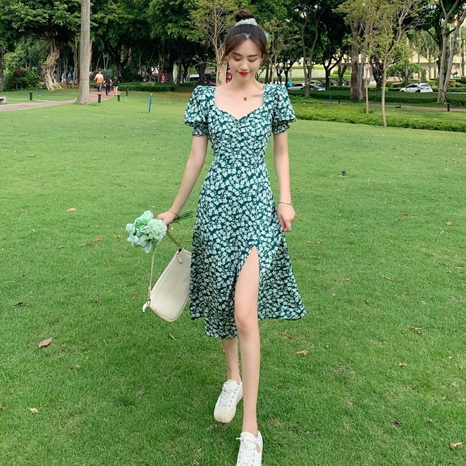 Đầm Voan Dài Xẻ Tà In Họa Tiết Hoa Màu Xanh Lá Phong Cách Pháp Thời Trang Mùa Hè Hàng Mới Dành Cho Bạn Nữ