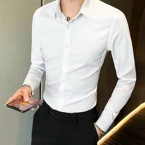 Sơ mi nam công sở màu trắng trơn, áo sơ mi tay dài cổ bẻ chuẩn form chất lụa kate mềm mịn mẫu y hình SOLO SHOP SMT