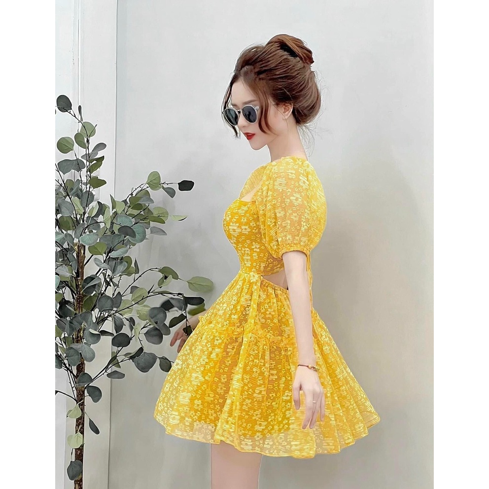 [8.8 Sales Freeship] Đầm công chúa cổ vuông tay phồng in hoa , đầm xòe dáng ngắn hở rút dây lưng quyến rũ, sáng chảnh dx