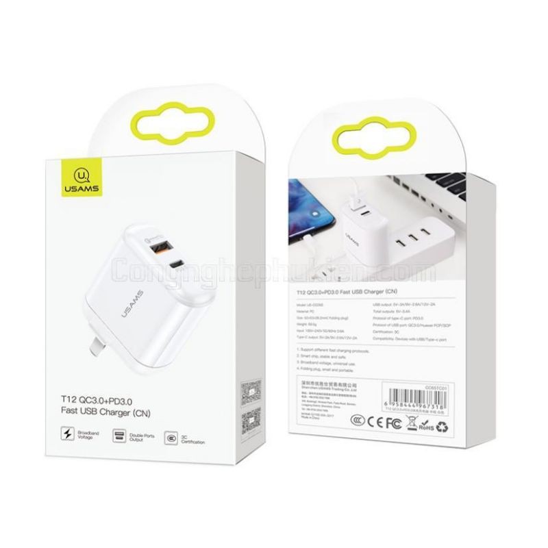 Củ Sạc Nhanh USAMS 2 Cổng QC3.0 + PD3.0 24W ⚡ CHÍNH HÃNG ⚡ Củ sạc có thể sạc đồng bộ hai điện thoại thông minh