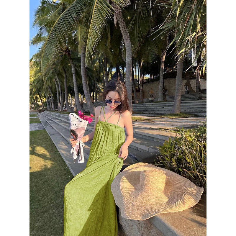 Váy 2 dây đi biển maxi dáng dài hở lưng nữ đẹp xanh dáng dài rộng bigsize bikini kiểu Hàn Quốc Babydoll 5007 DK1T104