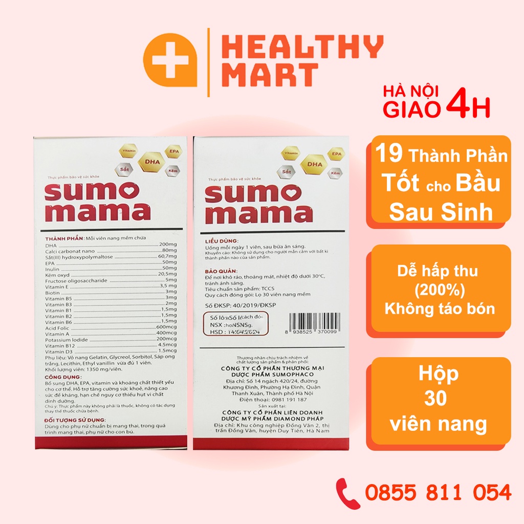 ✔️️️Bổ Bầu Sumo Mama - Bổ sung sắt DHA Kẽm Vitamin EPA Calci cho bà bầu - Tiếp sức cho mẹ trước và sau sinh