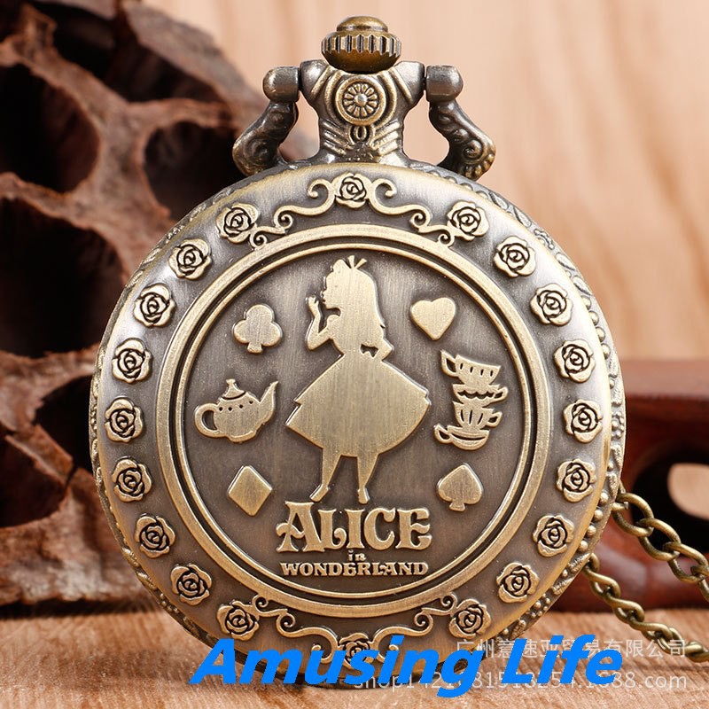 Quartz Pocket Watch Đồng Vintage Cô Gái Alice Hai Mặt Tinh Xảo Khắc Thời Trang Thạch Anh Lớn Đồng Hồ Bỏ Túi Thương Mại N