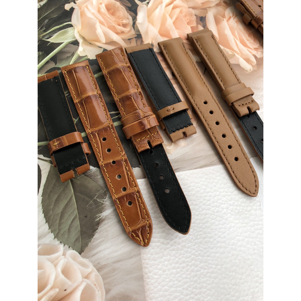 Dây Đồng Hồ Da Bò 100% Màu Nâu Vàng Vân Tặng Kèm Chốt Và Đồ Thay Dây