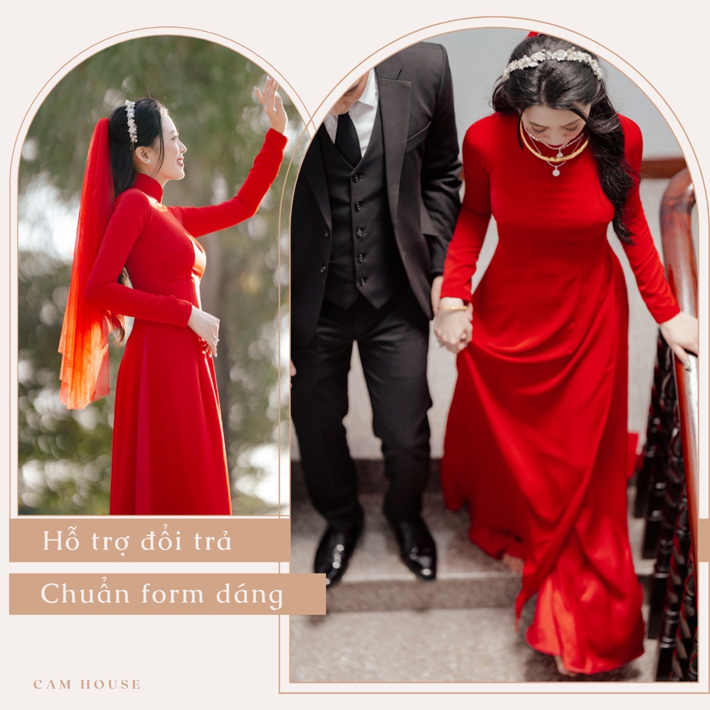 Áo dài cô dâu màu đỏ  chất liệu lụa mỹ 2 tà