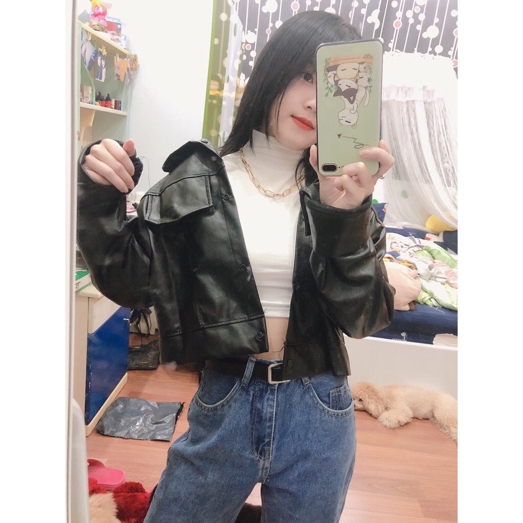 Áo croptop FREESHIP Áo khoác da nữ croptop basic siêu ngầu với màu đen over size ulzzang siêu hot HOLA.STORE