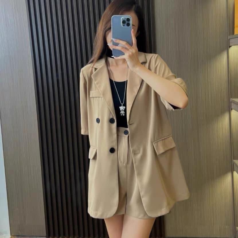 [ẢNH THẬT]Bộ blazer Trơn Xẻ Tay sang chảnh màu đen trơn-Set dáng suông rộng trượt vạt bầu dáng rộng- áo vét khoác vestt