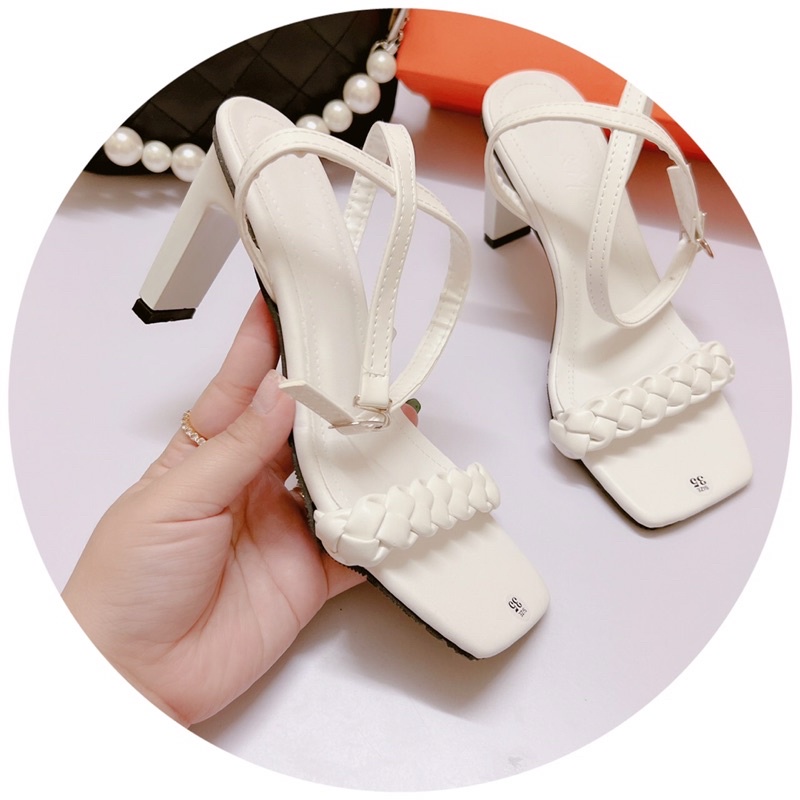 Giày sandal cao gót quai tết nhỏ gót dẹt 9p da lì mềm