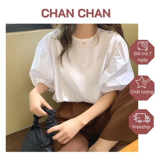 Áo sơ mi nữ đẹp kiểu Hàn Quốc tay lỡ bo chun màu trắng xanh