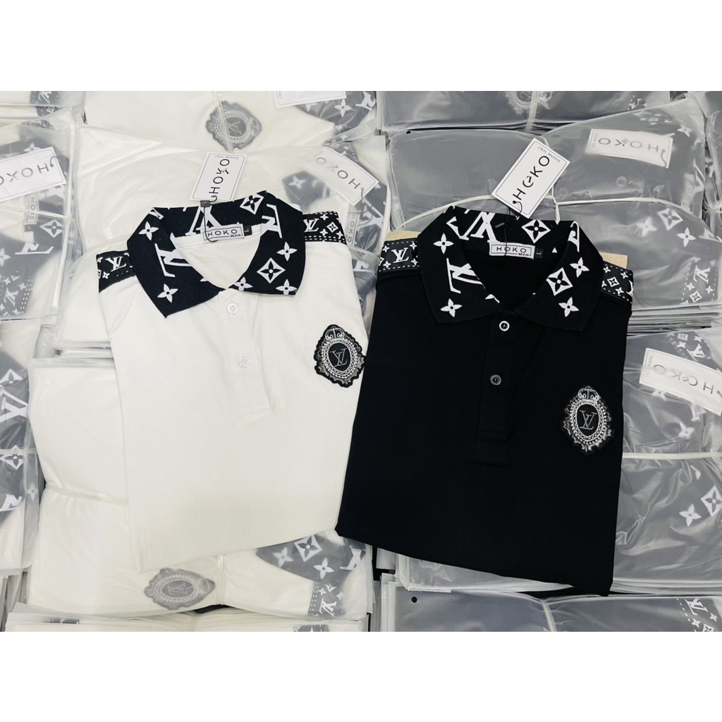 Áo thun nam nữ cổ trụ tay ngắn thêu logo LV tròn trước ngực phối vai áo chất cotton thoáng mát thời trang mùa hè hot