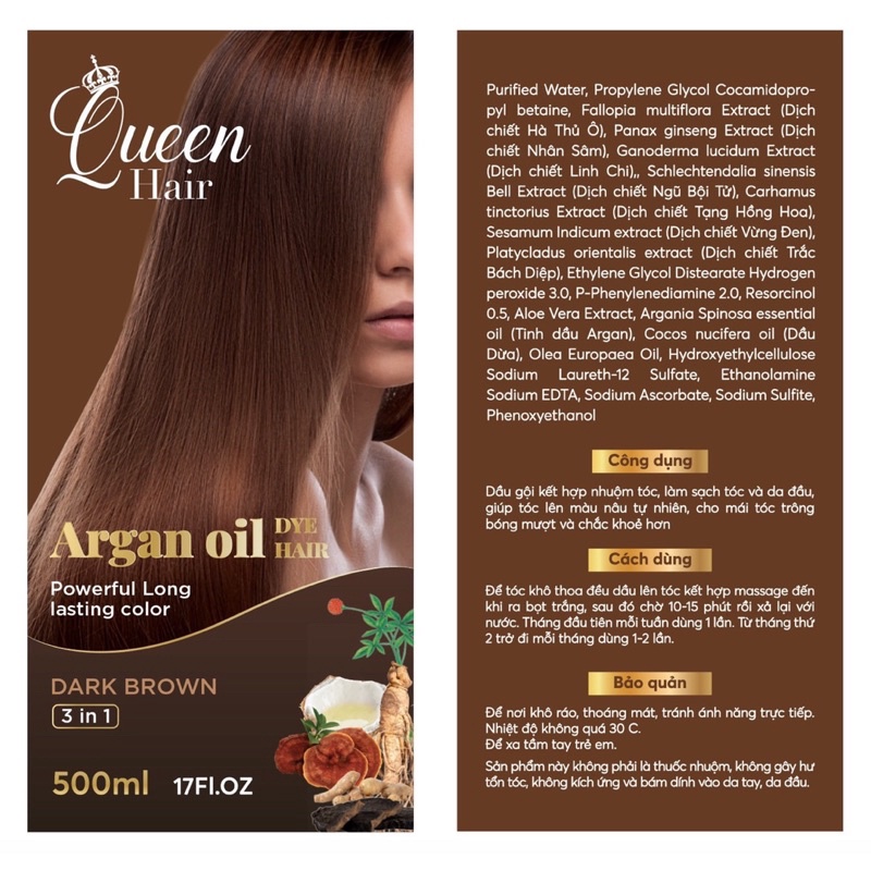 Dầu gội phủ bạc QUEEN HAIR 500ml 3 trong 1 nhuộm tóc đen, tóc nâu từ thảo dược tự nhiên, an toàn cho da đầu