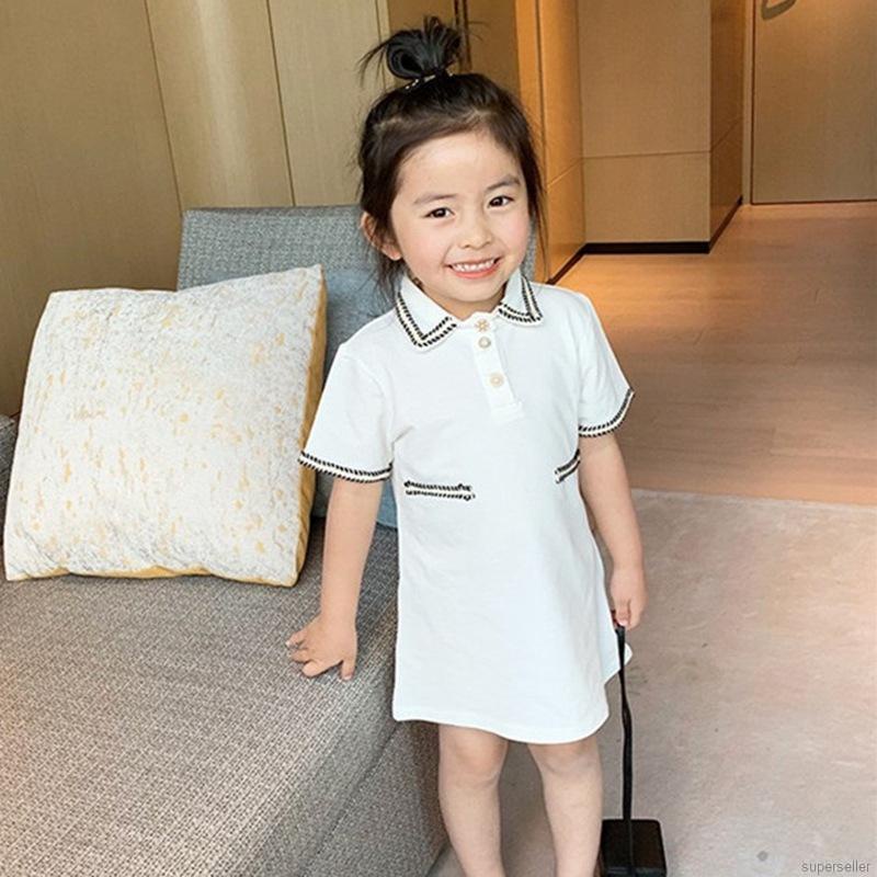 Đầm cổ bẻ tay ngắn phối màu tương phản phong cách hè thời trang Hàn Quốc cho bé gái