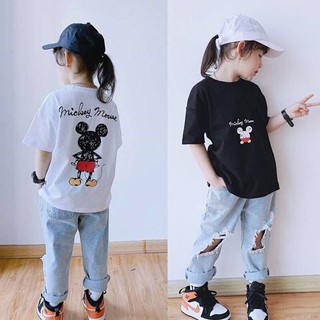 Mùa Hè 2020 Cặp Đôi Mặc Mickey Nửa Tay Cotton Nguyên Chất Bé Trai Bé Gái Hoạt Hình Phiên Bản Hàn Quốc Top Cha Mẹ @ -