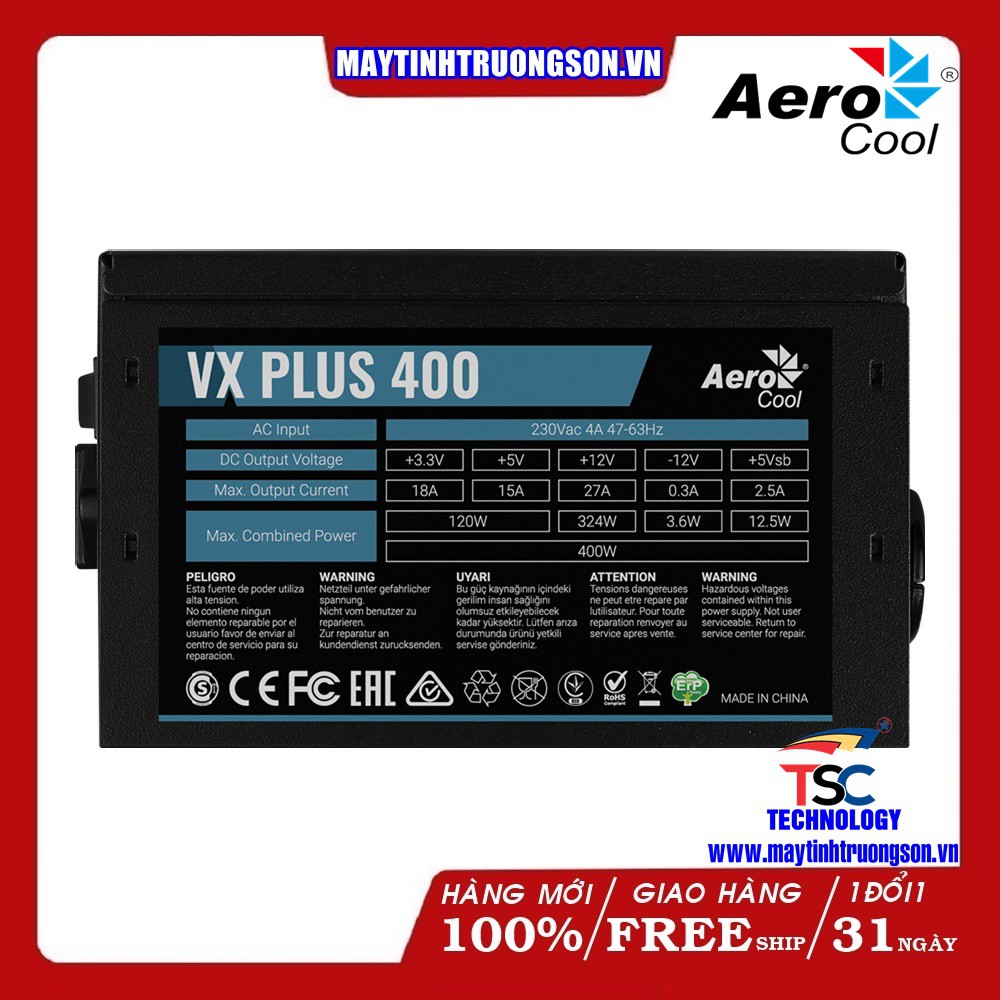 Nguồn Máy Tính Aerocool VX PLUS 400 400W 230V N-PFC Gaming | TTBH Tại Hà Nội & TPHCM
