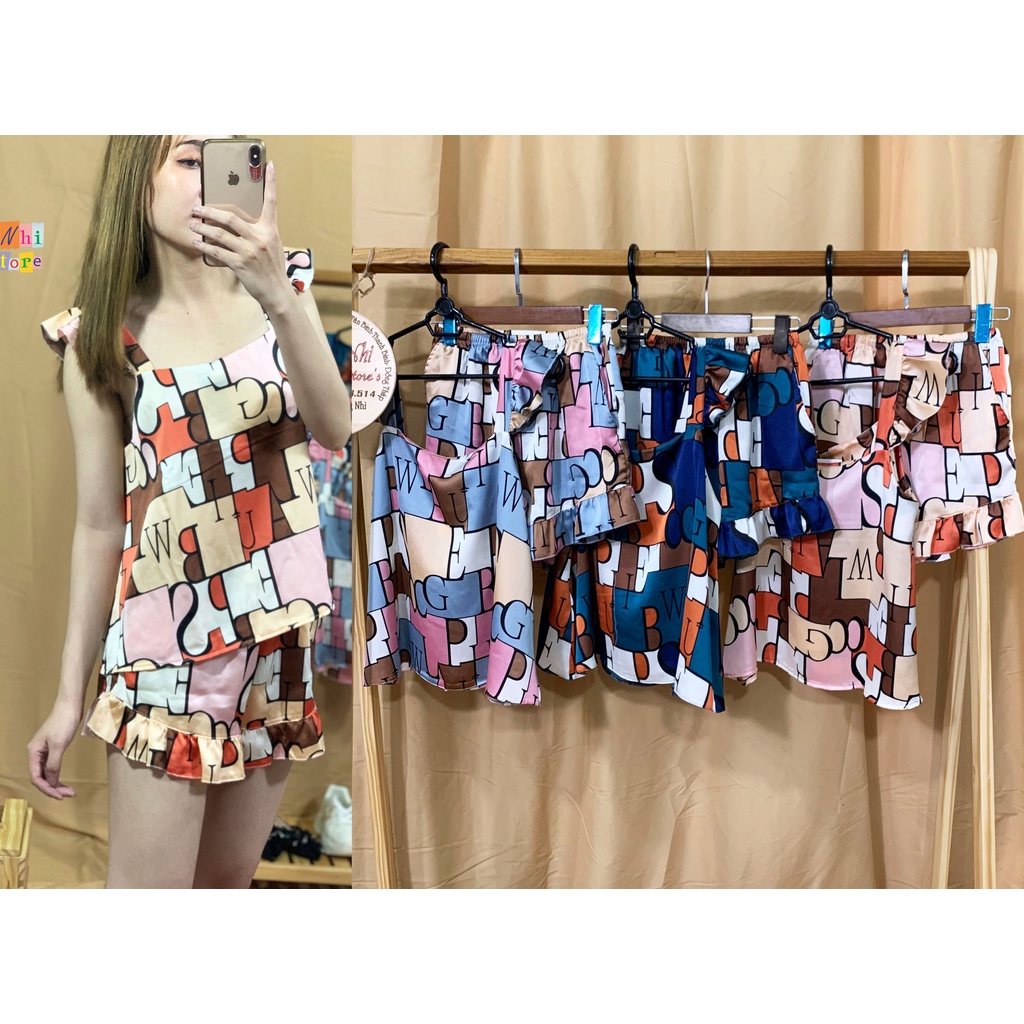 Bộ Pijama Lụa Satin Áo 2 Dây Quần Đùi Cao Cấp Dáng Rộng 65kg Trở Lại Ulzzang
