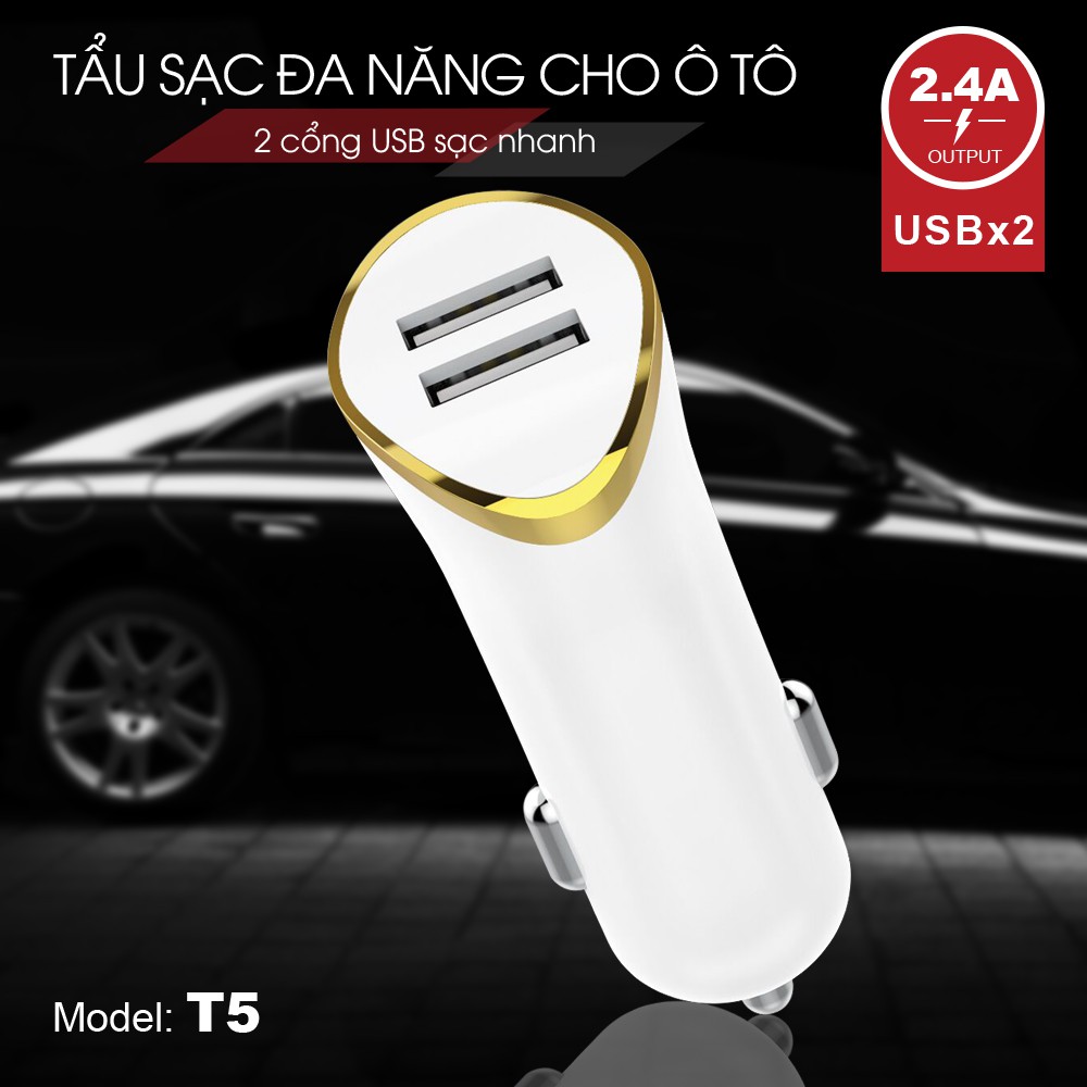 [Mã 2404EL10K giảm 10K đơn 20K] Tẩu sạc 2.4A 2 cổng USB dùng trong xe ô tô MaiMi T5