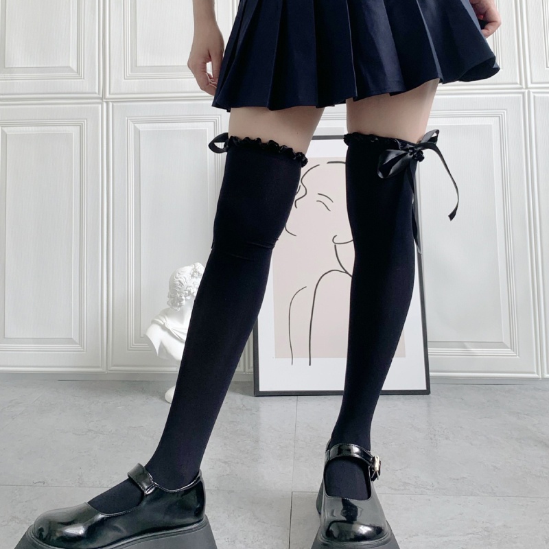 Han Vớ Dài Ngang Đùi Vải Satin Phối Ruy Băng Nhún Bèo Siêu Dài Kiểu Preppy Lolita Nhật Bản Ngọt Ngào Cho Nữ