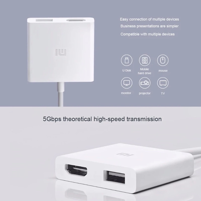 XIAOMI bộ chuyển đổi Type C sang HDMI 4k và USB 3.0 + Sạc tương thích mọi thiết bị Type C