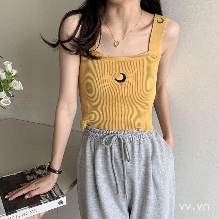 Áo Dệt Kim Không Tay Dáng Ôm Thêu Họa Tiết Thời Trang Hàn Quốc Cho Nữ