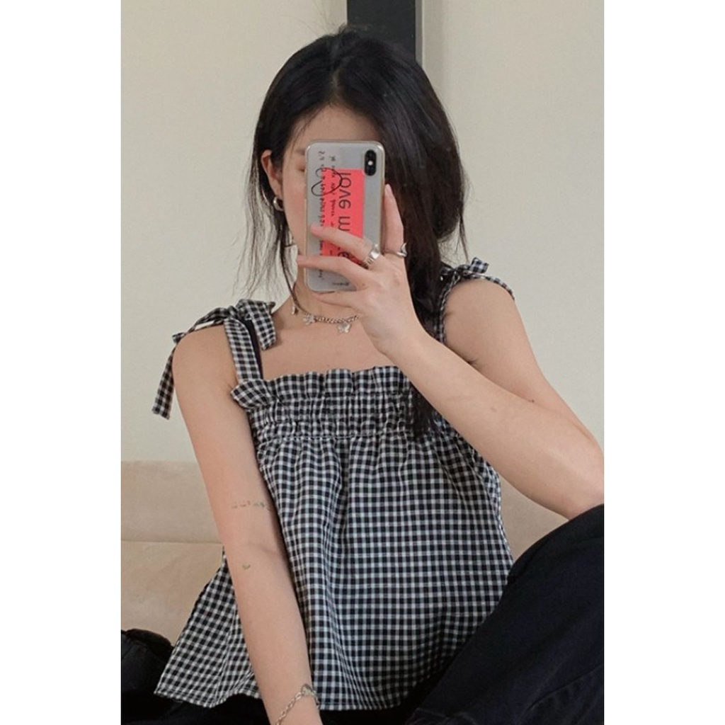 Áo Hai Dây Dáng Rộng Kẻ Sọc Caro Phong Cách Hàn Quốc Thời Trang Mùa Hè Hàng Mới 2022 Dành Cho Bạn Nữ