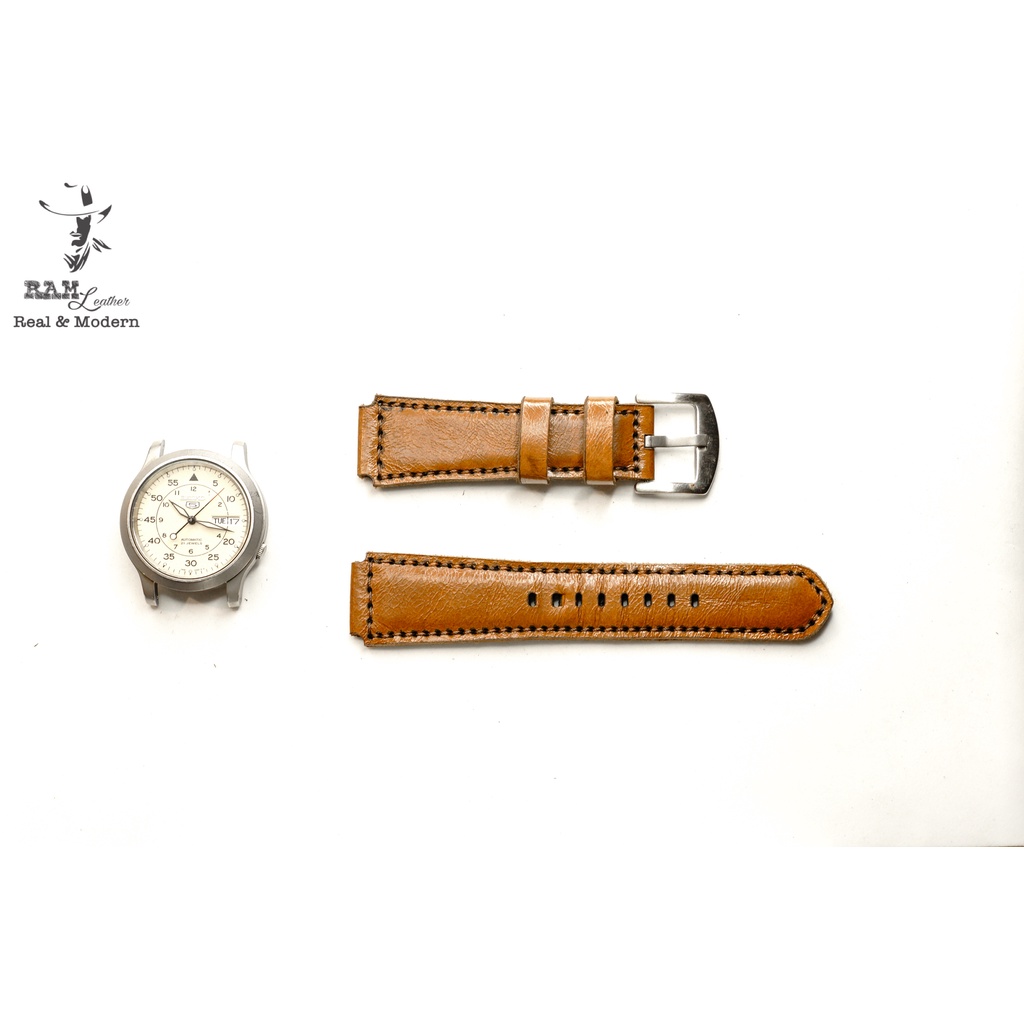 Dây đồng hồ da bò thật màu nâu sáng RAM Leather 1980 handmade bền chắc - tặng khóa chốt và cây thay dây