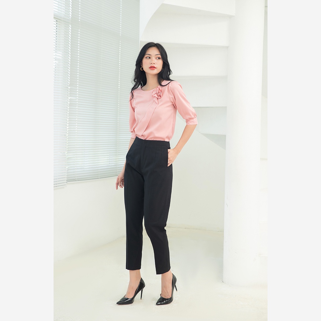 Áo kiểu nữ công sở cổ tròn tay lỡ thời trang Eden xếp ly chéo phối hoa chất liệu mềm không nhăn - ASM172