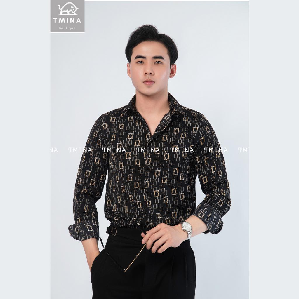Áo sơ mi họa tiết vải lụa nam tay dài thoáng mát, không nhăn TMINA SMD09