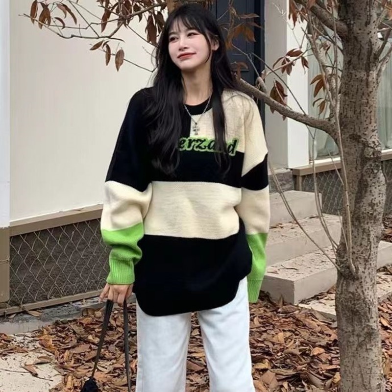 Áo Len Tay Dài Màu Sắc Tương Phản Phong Cách Hàn Quốc