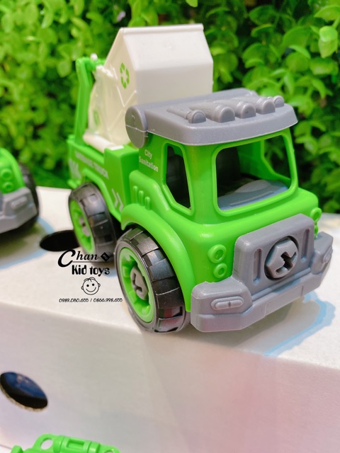 Bộ tháo lắp sửa chữa 2 xe tải kèm 4 thùng rác vệ sinh môi trường  cho bé
