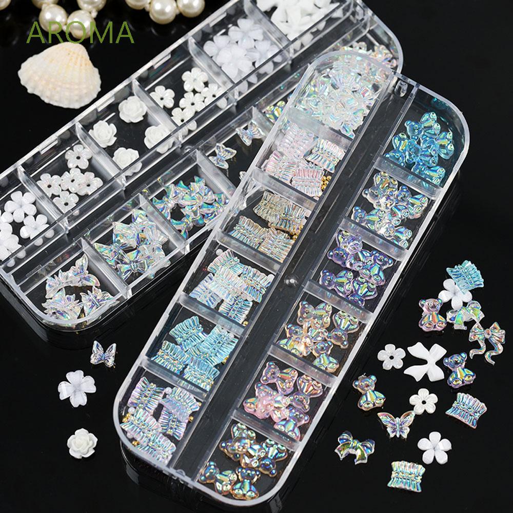 [Hàng mới về] Hộp 12 ngăn hoa resin nơ ruy băng váy gấu bướm AB màu kẹo trang trí móng cho salon