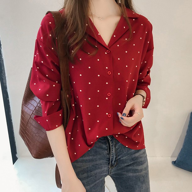 Áo Sơ Mi Tay Dài Họa Tiết Chấm Bi Phong Cách Cổ Điển Thời Trang Xuân Hè Xinh Xắn Cho Nữ