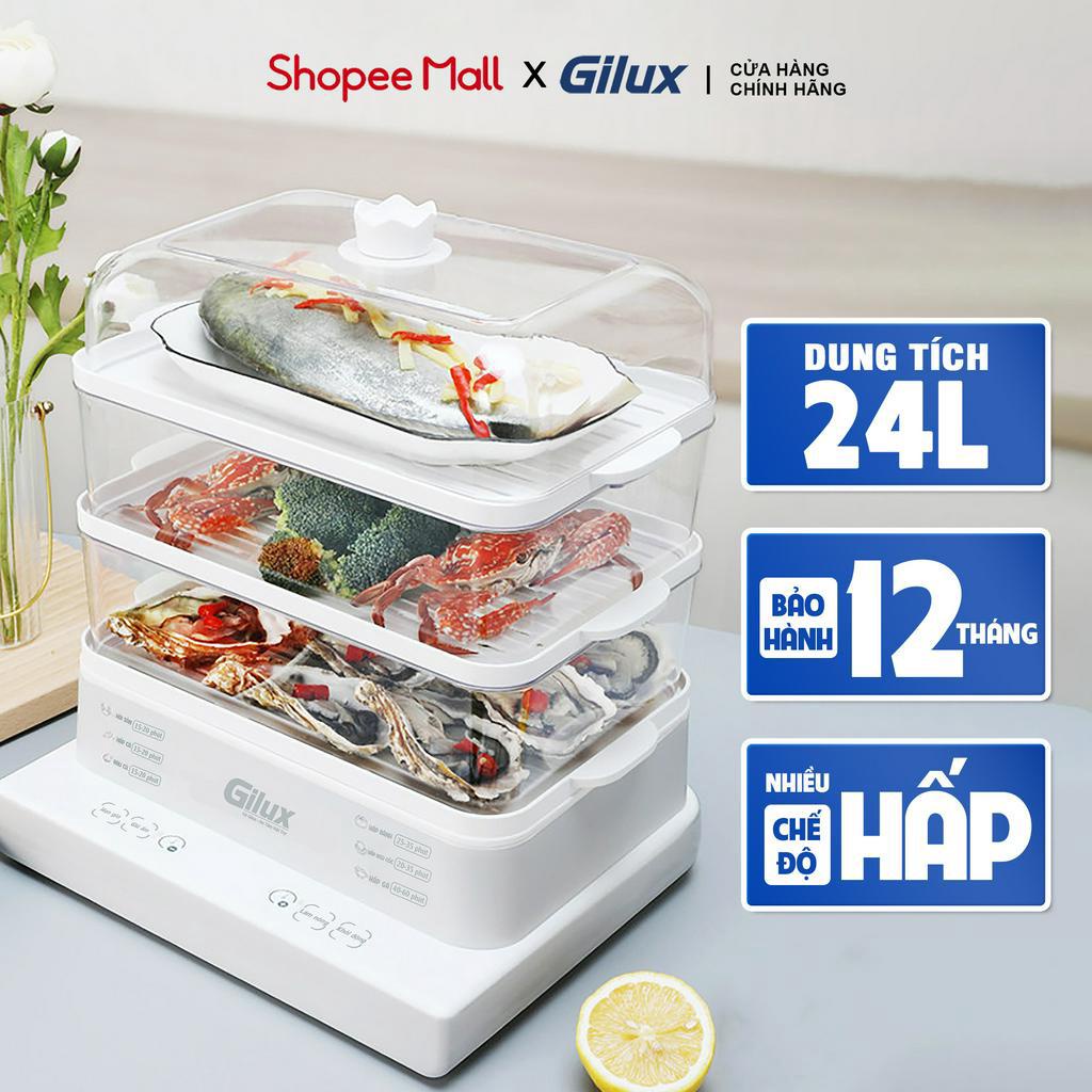 Nồi hấp Gilux 24L đa năng chính hãng, nồi hấp điện 3 tầng tiện lợi bảo hành 12 tháng