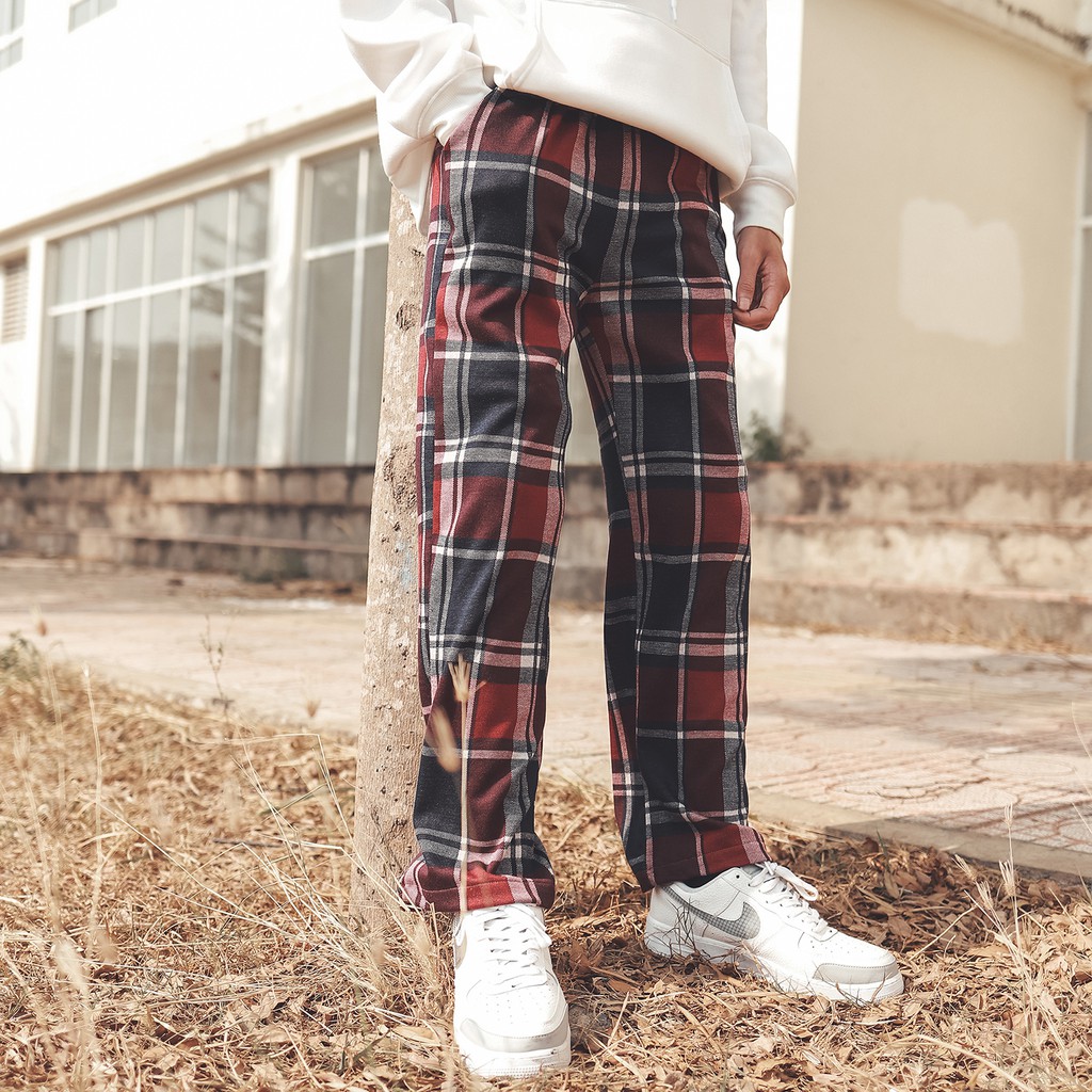 Quần Thun Baggy Ống Suông Rộng Lưng Thun Caro Chất Liệu Cotton Form Unisex Màu Đỏ