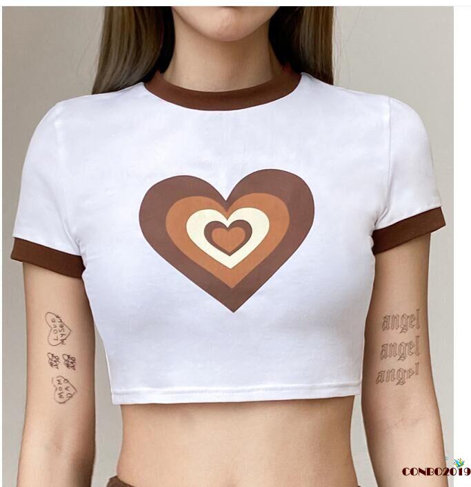 Áo Thun Nữ Ngắn Tay Cổ Tròn In Hình Trái Tim Thời Trang