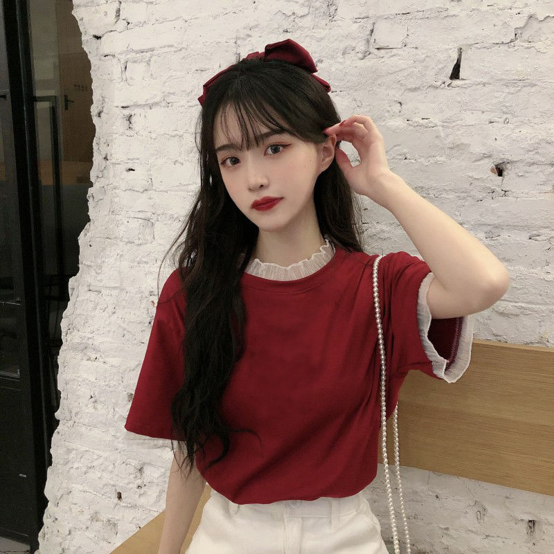 Áo Thun Ngắn Tay Phối Lưới Phong Cách Hàn Quốc Dành Cho Nữ