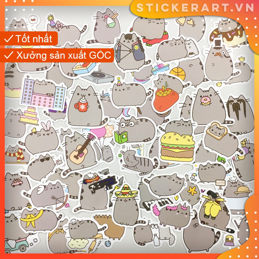 [PUSHEEN CAT] 100 Sticker 5CM chống nước dán laptop vali xe mũ bảo hiểm nhà cửa ...