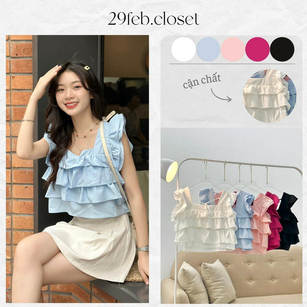 Áo babydoll cổ vuông cánh tiên bèo tầng buộc nơ lưng - 29feb.closet - A261