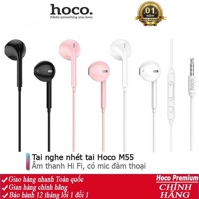 Tai nghe nhét tai Hoco M55 nghe hay có mic đàm thoại, dây dài 1.2m, Jack cắm 3.5mm - Chính hãng