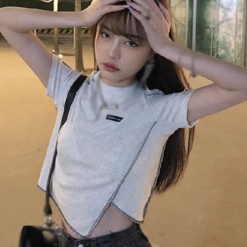 Áo Thun Crop Top Tay Ngắn Cổ Tròn Lệch Tà Kiểu Hàn Quốc Thời Trang Mùa Hè Cho Nữ