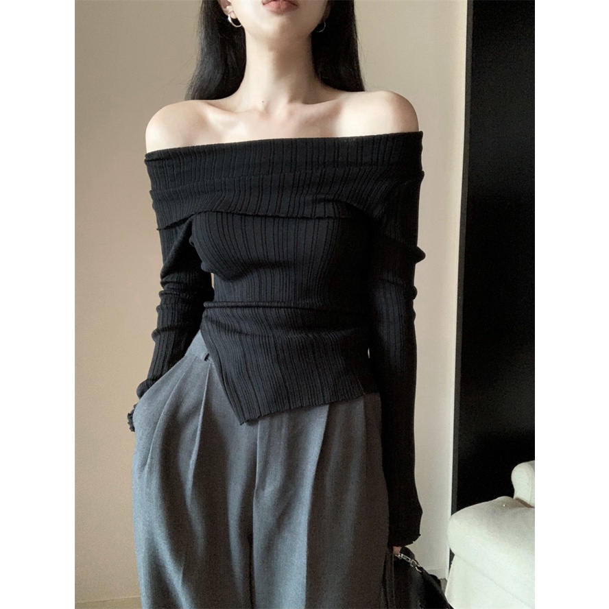 Cocory vn Áo Sweater Dệt Kim Trễ Vai Tay Dài Màu Đen Thiết Kế Độc Đáo