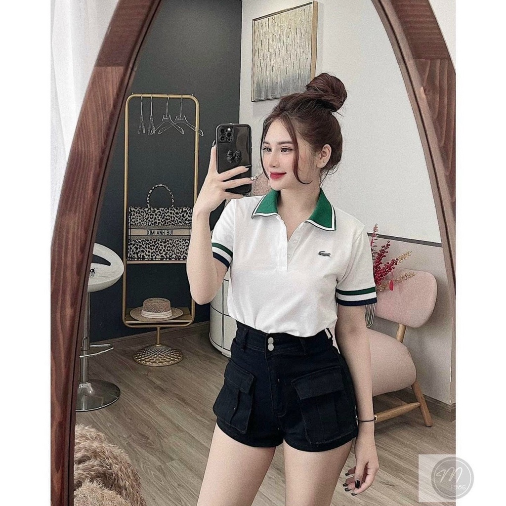 Áo polo trắng phối cổ xanh cho nữ