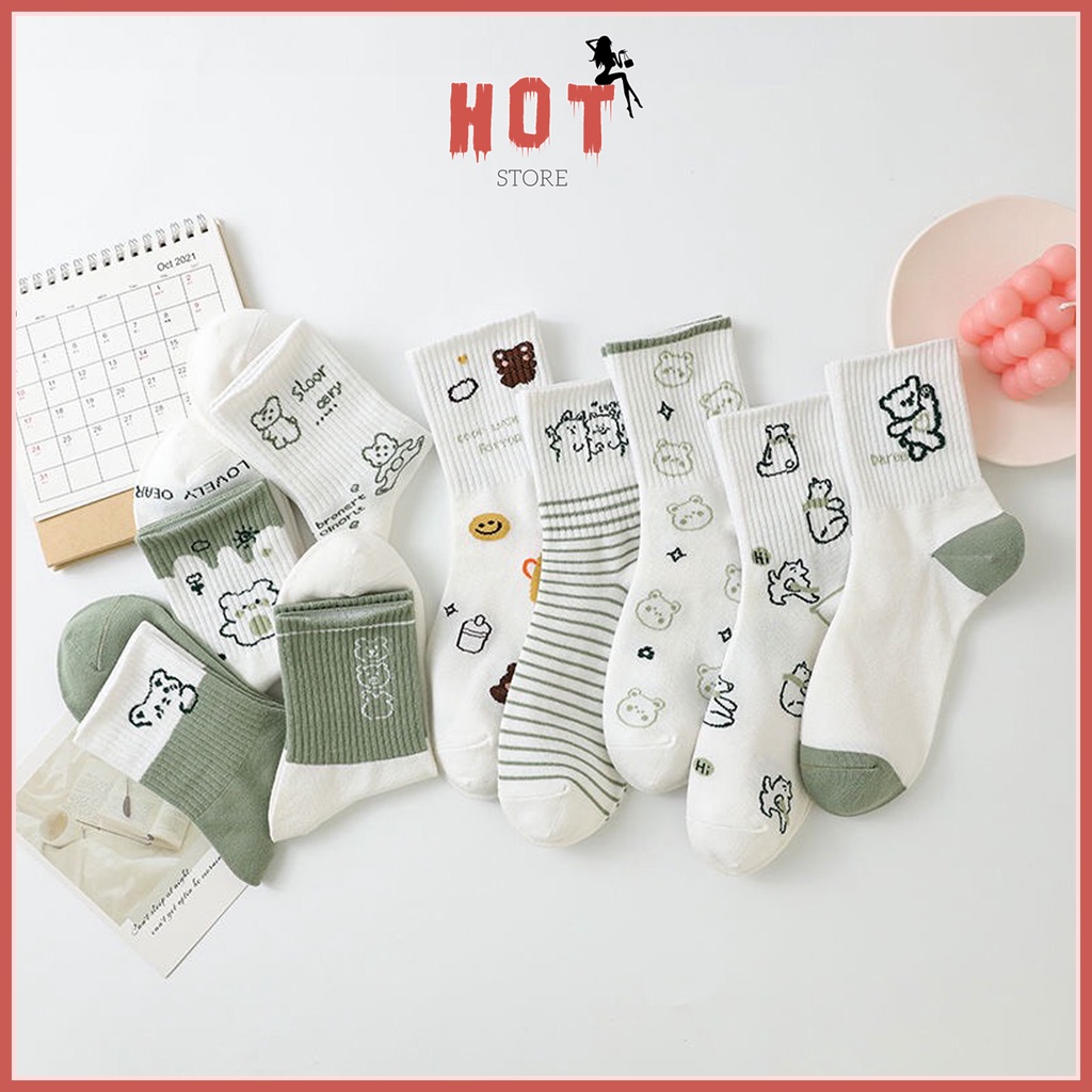 Tất Cổ Cao Nữ Vớ Chân Dài Hàn Quốc Họa Tiết Dễ Thương Tone Xanh Rêu Thời Trang Hàn Quốc - Hot Store
