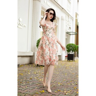 Váy tơ hoa hồng pastel tay bồng dáng xòe - Annie Mini Dress