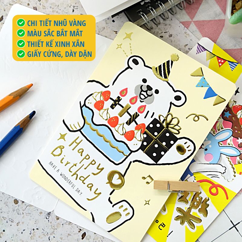 Thiệp giấy mừng sinh nhật Birthday Card Cao Cấp Nhập Từ Đài Loan BK2514 Chữ Nhũ Vàng Họa tiết Cute 10.4x15cm